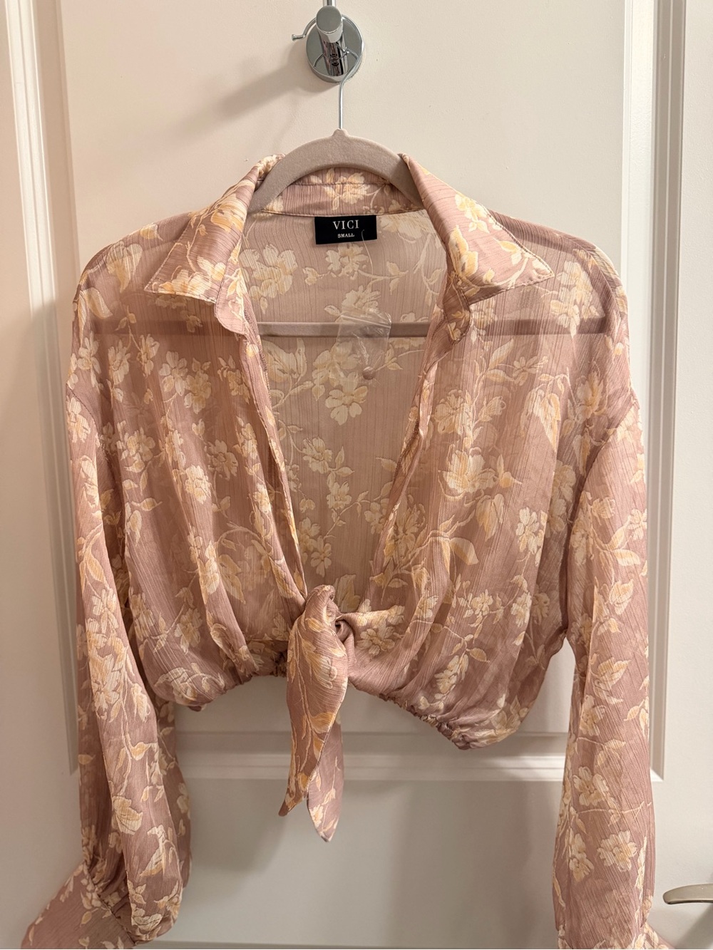 VICI Dusty Pink Floral Tie-Front Sheer Blouse